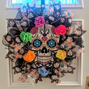 Hand Crafted Colorful Skull Holiday Wreath